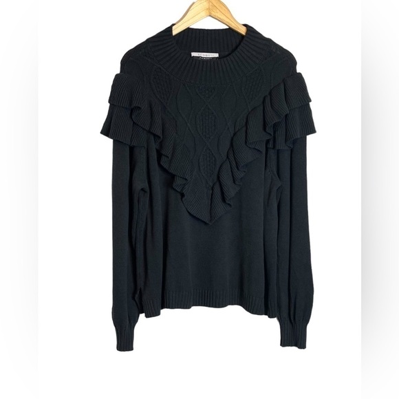 Eloquii Elements | Sweater Balloon Sleeve Ruffle Yoke Mixed Stitch Black - Picture 3 of 9